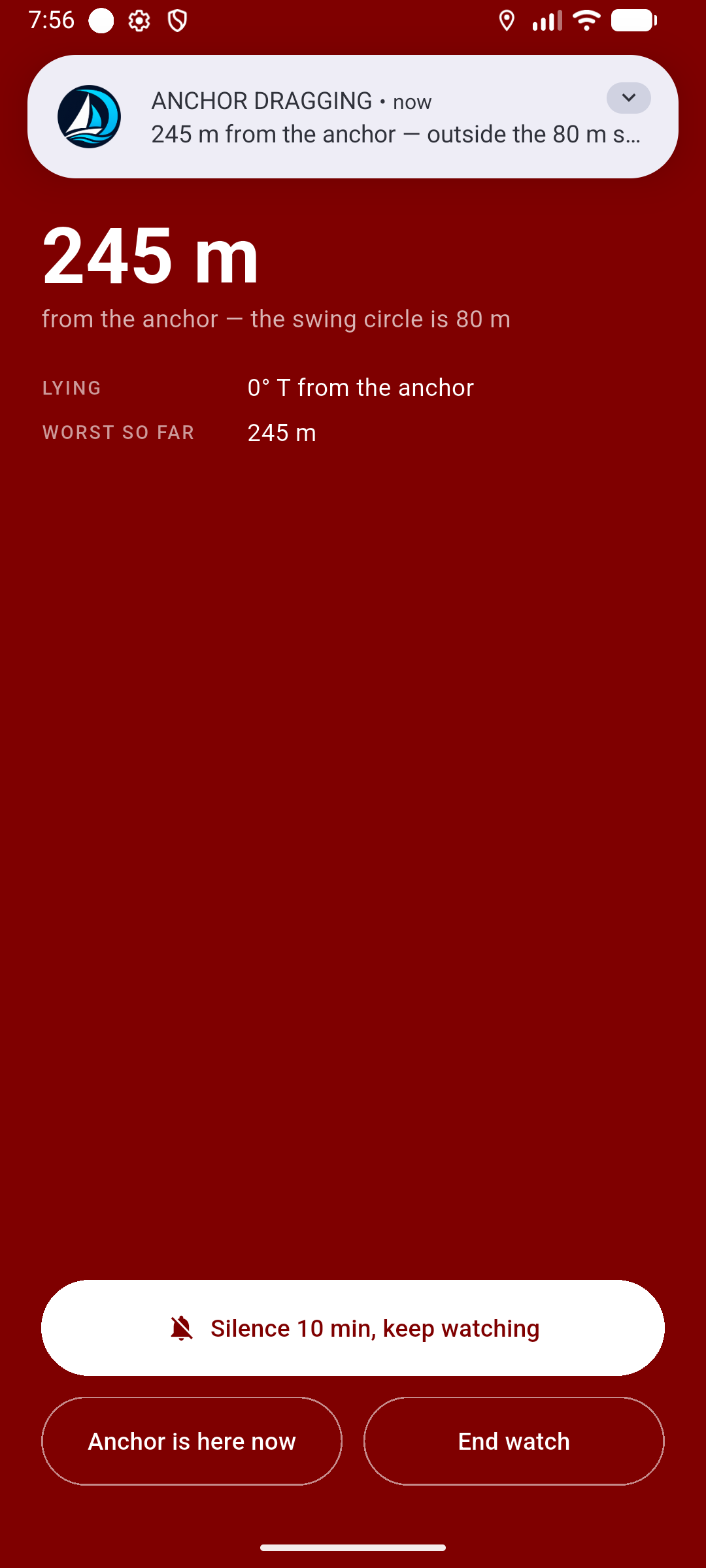 Full-screen ANCHOR DRAGGING alarm: distance from the mark, 80 m swing radius, Silence or End watch.