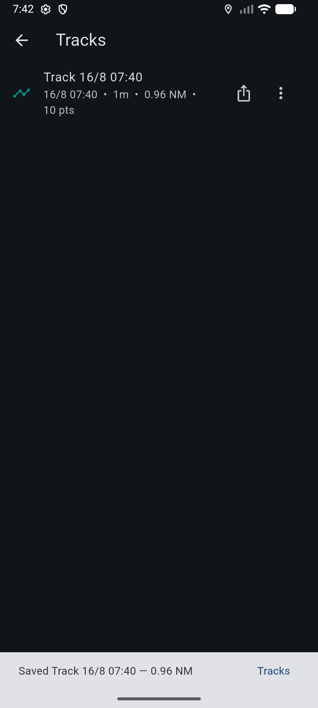 Tracks list: saved recording with duration, distance in nautical miles, point count, and GPX export.
