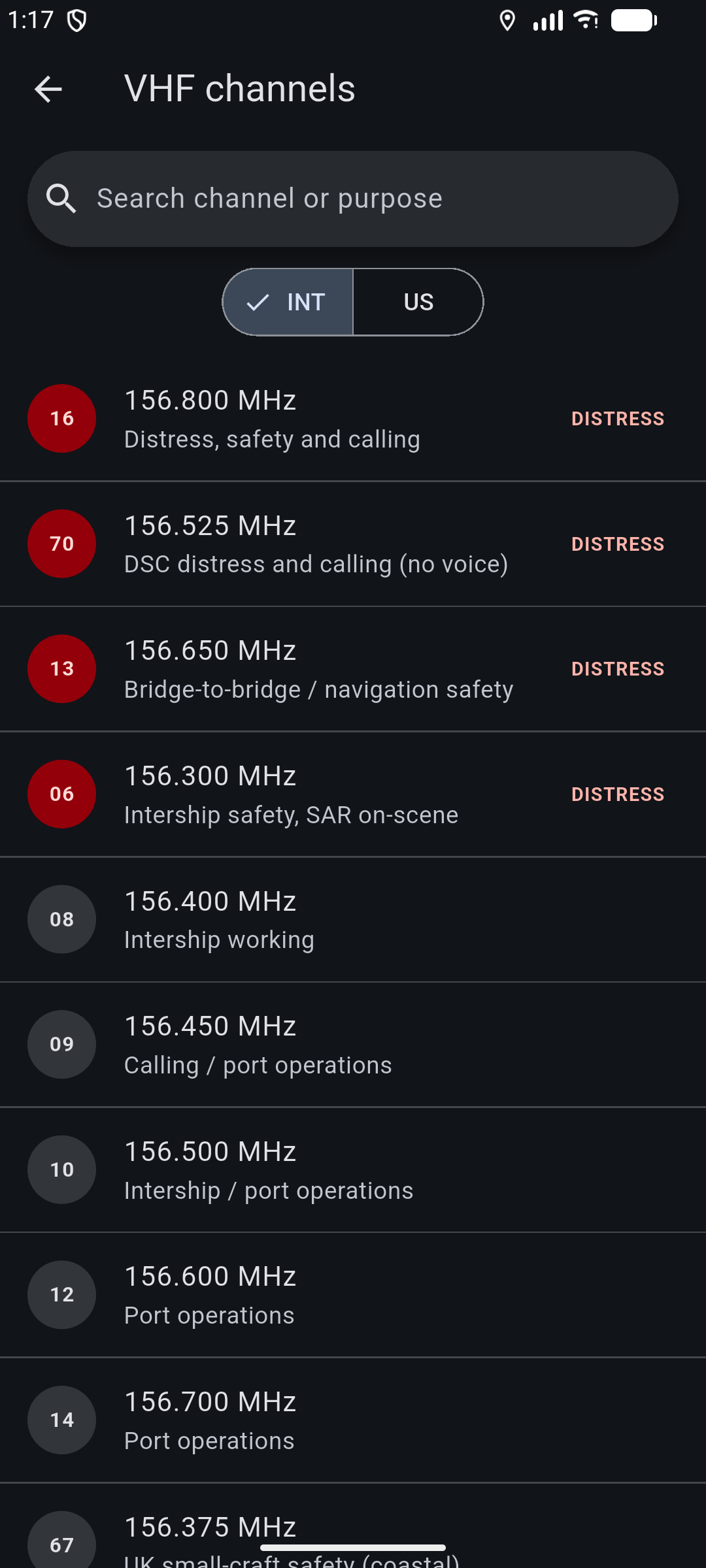 VHF channels handbook: INT/US chips, search, distress channels highlighted, offline.