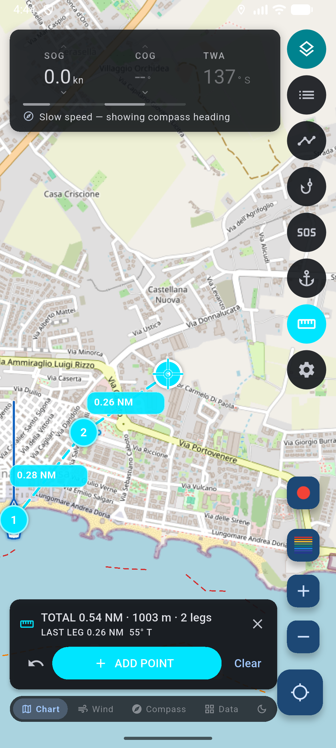 Chart ruler: cyan crosshair path of several points, TOTAL miles and last-leg bearing, ADD POINT.