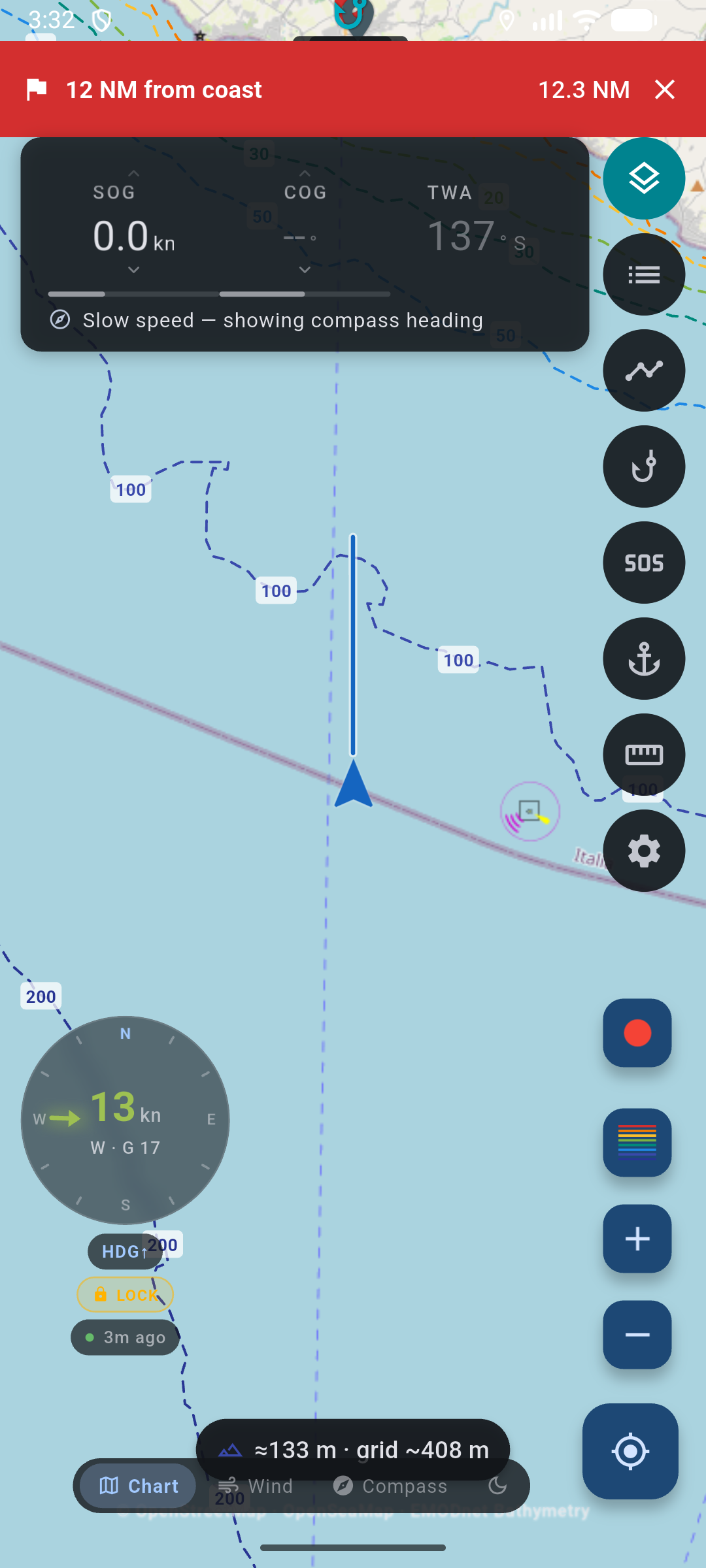 Red bar 12 NM from coast, 12.3 NM, dashed line toward shore, Chart / Wind / Compass.